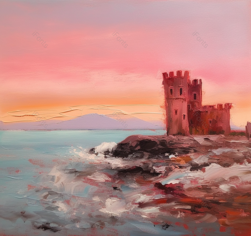 右构图海岸线边海浪小岛古堡矗立夕阳日落云朵天空油画,插画/手绘图,插画/手绘图库,插画/手绘图下载,插画/手绘